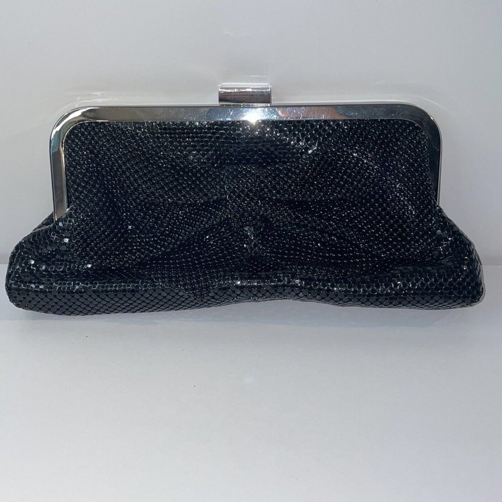 Jessica McClintock Bow Purse Black Metal Mesh Clutch Evening Bag W/ Strap‎ AL4